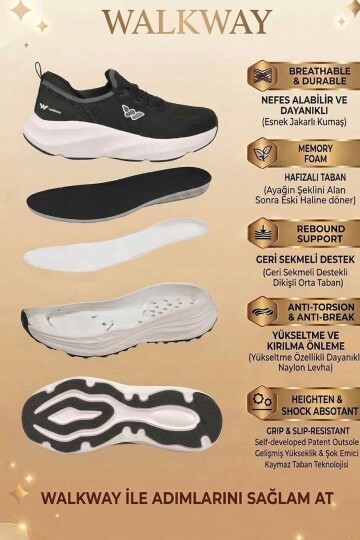 Siyah-Beyaz Fileli Bağcıklı Hafızalı Rahat Tabanlı Unisex Yürüyüş ve Spor Ayakkabı Flexnova G