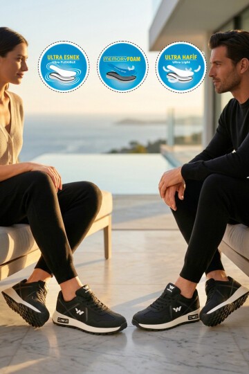 Siyah-Beyaz Hafızalı Rahat Tabanlı Bağcıklı Unisex Yürüyüş ve Spor Ayakkabı Sneaker Muveon G