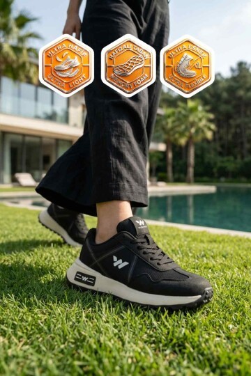 Siyah-Beyaz Hafızalı Rahat Tabanlı Bağcıklı Unisex Yürüyüş ve Spor Ayakkabı Sneaker Muveon G