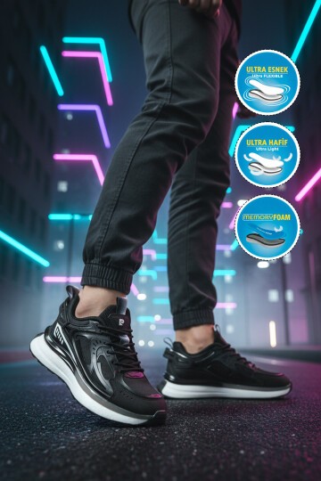 Siyah-Beyaz  Fileli Hafızalı Hafif Rahat Köpük Tabanlı Erkek Yürüyüş ve Spor Ayakkabı Sneaker PCI-10105