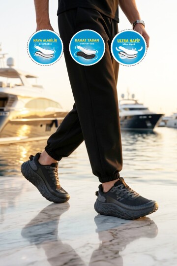 Siyah Fileli Hafif Rahat Hafızalı Kalın Tabanlı Erkek Yürüyüş ve  Spor Ayakkabı Sneaker Flystep M