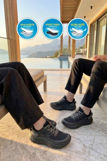 Siyah Fileli Hafif Rahat Hafızalı Kalın Tabanlı Unisex Yürüyüş ve  Spor Ayakkabı Sneaker Flystep G