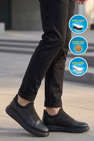 Erkek Siyah Hakiki Deri Erkek Slip-On Günlük Ayakkabı Sneaker 6961