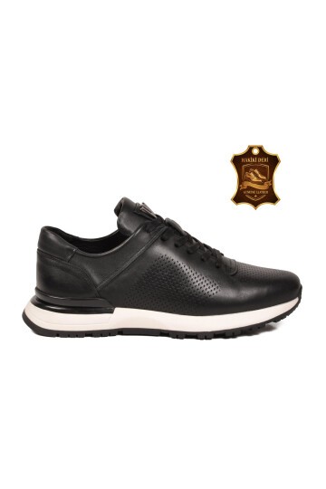 Siyah Hakiki Deri Bağcıklı Delikli Nefes Alan Erkek Casual Sneaker Ayakkabı M217