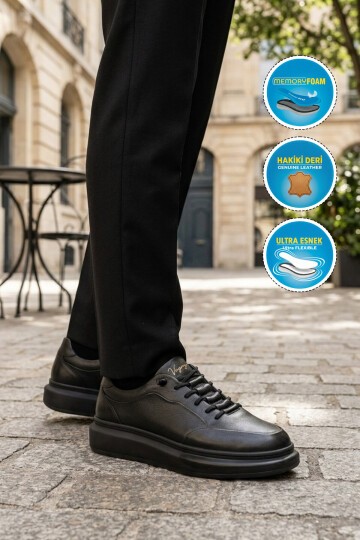 Siyah Hakiki Deri Erkek Sneaker Memory Taban Premium Günlük Ayakkabı M704-1 M