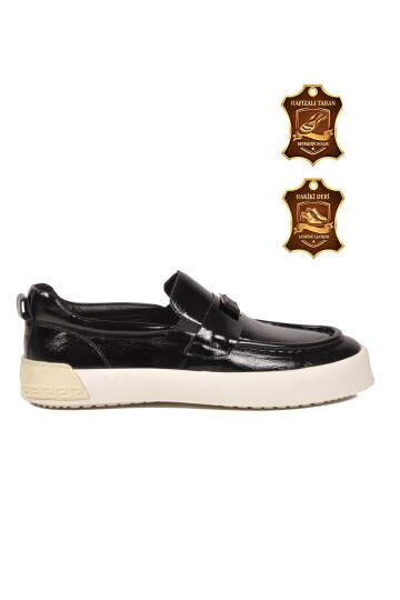Siyah Kırışık Rugan Hakiki Deri Hafızalı Rahat Tabanlı Erkek Casual Ayakkabı Loafer Alfa 5405
