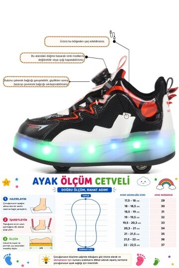 Siyah-Kırmızı Akıllı Bağcıklı Şarj Edilebilir Işıklı Erkek Çocuk Patenli Ayakkabı Yung