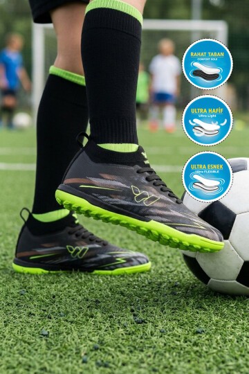Siyah Çoraplı Bağcıklı Unisex Çocuk Futbol Ayakkabısı Halı Saha Strike F