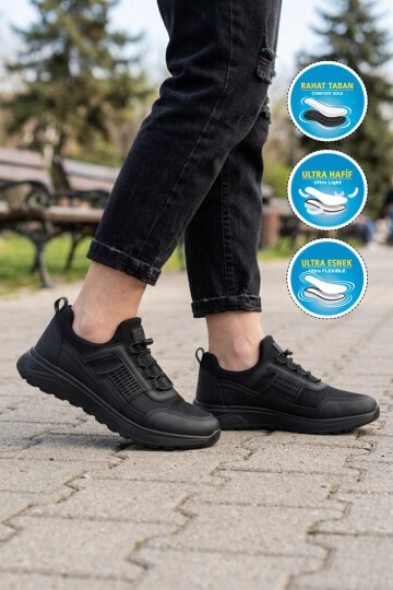 Siyah-Siyah Fileli Lastik Bağcıklı Rahat Tabanlı Unisex Yürüyüş ve Spor Ayakkabı Nans G