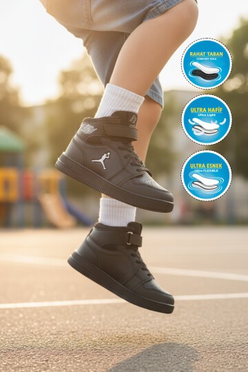 Siyah Bilek Boy Cırtlı Kalın Tabanlı Basket Tarzı Unisex Çocuk Spor Ayakkabı Haykat Uzun Air