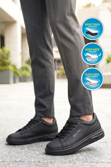 Siyah Dokulu Erkek Sneaker Siyah Kalın Taban Günlük Ayakkabı Dashor M