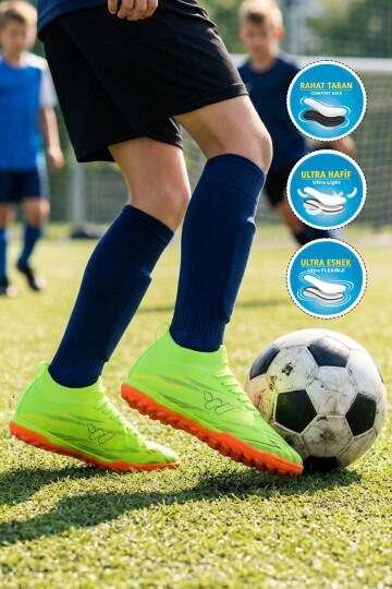 Yeşil Çoraplı Bağcıklı Unisex Çocuk Futbol Ayakkabısı Halı Saha Strike F
