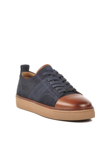 Lacivert-Kahve Hakiki Deri Erkek Sneaker 3K1973-C704 M