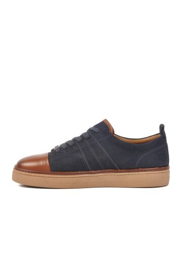 Lacivert-Kahve Hakiki Deri Erkek Sneaker 3K1973-C704 M
